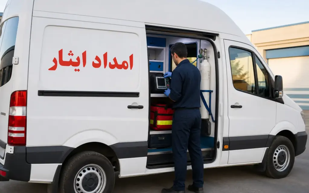 تکنسین فوریت‌های پزشکی در حال آماده‌سازی آمبولانس امداد ایثار